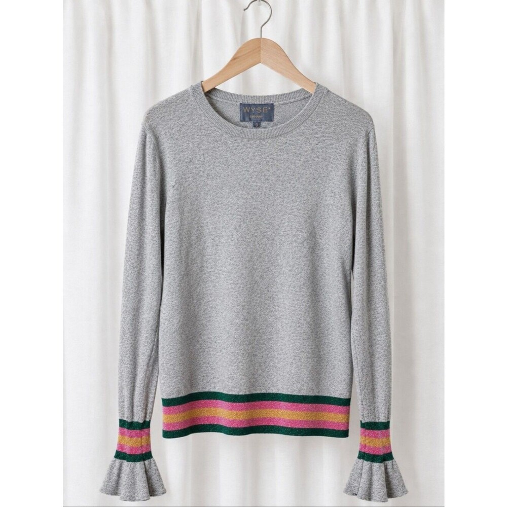 WYSE London Gray Cotton Metallic Stripe Ruffle Cuff Designer Knit Sweater